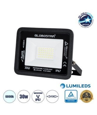 GLOBOSTAR® ATLAS 61416 Προβολέας LED 30W 3750lm 120° AC 220-240V Αδιάβροχο IP67 Ψυχρό Λευκό 6000K - Lumileds SMD Chip - TÜV Rheinland Certified - Μαύρο Ματ - Μ16 x Π2.5 x Υ12.5cm - 5 Χρόνια Εγγύηση